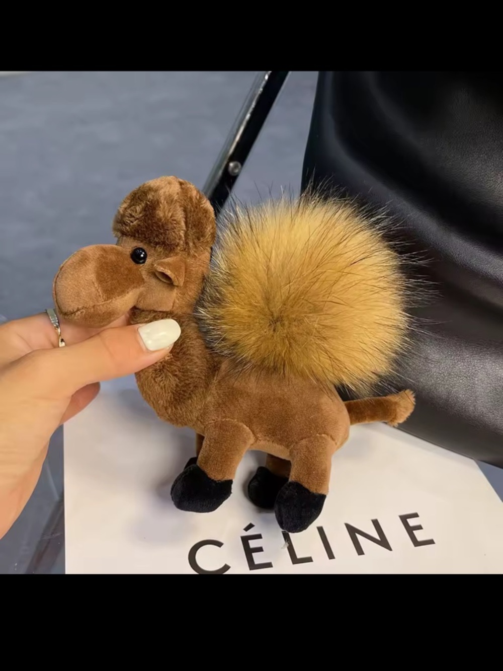 Plush Camel Keychain - Orange Faux Fur Pom Pom - Picture 5 of 7